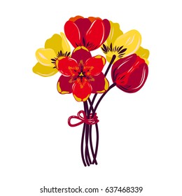 Tulips. Bouquet. Red and yellow flowers in a ribbon. Holiday gift. Vector illustration.