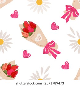 Tulips Bouquet seamless pattern. Floral background print with tulips, daisies, and hearts. Wrapping paper design for Mother's day, women's day, Valentine's day, and Birthday. Vector illustration.