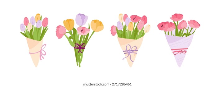 Conjunto de ramo de tulipanes. Primavera prímulas brillantes en embalaje kraft. Colección florística de regalo. Vector simple ilustración dibujada a mano.