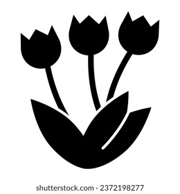 Icono sólido de ramo de Tulips. Tres hermosos tulipanes florecientes tipo pictograma estilo glifo sobre fondo blanco. Flores de primavera de Semana Santa para el concepto móvil y el diseño web. Gráficos vectoriales