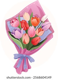 Tulips Bouquet Tied up with Ribbon. Romantic Festive Flowers Wrapped in Sheet Illustration 