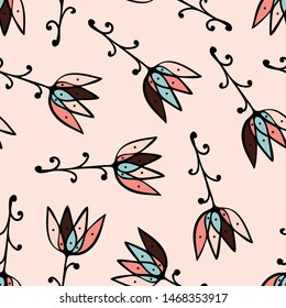 Tulips, candy colors, abstract, doodle, fantasy, on pale pink background. Vector seamless pattern.