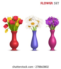 Tulips chamomiles and crocuses in vases isolated on white background