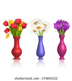 Tulips chamomiles and crocuses in vases with reflection on white background