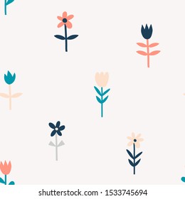 Tulips and chamomiles hand drawn seamless pattern. Decorative garden flowers on red background. Blooming plants with stems and leaves vector illustration. Textile, wallpaper design idea