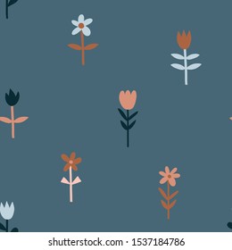 Tulips and chamomiles hand drawn seamless pattern. Decorative garden flowers on red background. Blooming plants with stems and leaves vector illustration. Textile, wallpaper design idea