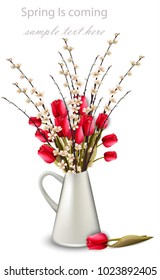 Tulips and cherry flower branches in a white vase Vector