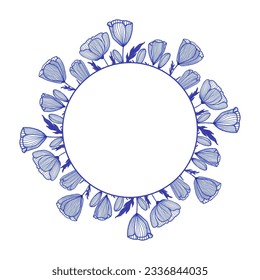 Tulips circle frame for card or invite. Vector illustration, blue ink hand drawn spring flower