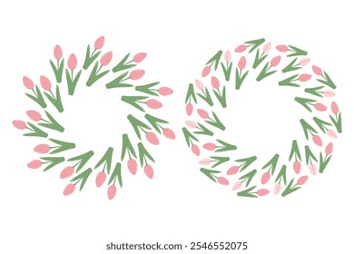 Tulips Circle Frames in trendy in trendy soft pink. Springtime greetings Copy space Templates Set 2