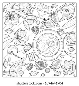 Tulpen und Kaffee auf dem Tisch. Romance.Coloring Buch Antistress für Kinder und Erwachsene. Illustration einzeln auf weißem Hintergrund.Zen-Winkel-Stil. Schwarz-Weiß-Zeichnung