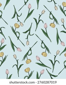 tulips color and blue color bg pattern herbs and flower painted color line hand draw , line art , wildflower tiny flower ,botanical pastel retro and soft color 
pattern design for fabric,tile,carpet,seamless,print to wallpaper,flannel,scarf,cover book,box,illustration,decortion flower,vector,hawaii,boarder,ribbon,wristbard
