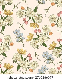 tulips colorful pattern herbs and flower painted color line hand draw , line art , wildflower tiny flower ,botanical pastel retro and soft color 
pattern design for fabric,tile,carpet,seamless,print to wallpaper,flannel,scarf,cover book,box,illustration,decortion flower,vector,hawaii,boarder,ribbon,wristbard