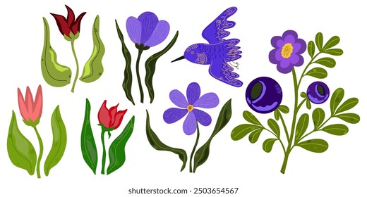 tulips crocuses bird flat cartoon style vector