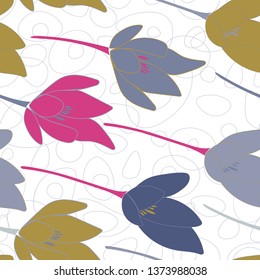 Tulips or crocuses vector seamless pattern. Floral modern background with stylized hand drawn flowers in pastel colors.

