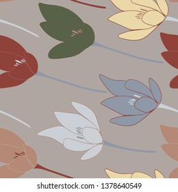 Tulips or crocuses vector seamless pattern. Floral modern background with stylized hand drawn flowers in pastel colors.
