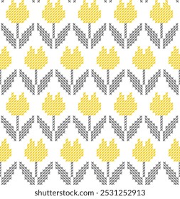 Tulips cross-stitch texture yellow grey Vector Pattern. Traditional X needle point spring tulip flowers embroidery seamless pattern.