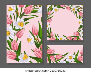 Tulips and daffodils are flowers. Banner ,postcard, sale, Spring, Easter, wedding, birthday. Vector graphics on an isolated background.