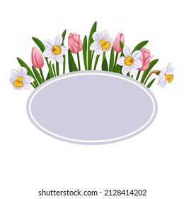 Tulips and daffodils are flowers. Banner,postcard, sale, spring, Easter. Vector graphics.