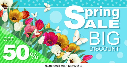 Tulips of different colors, spring background. Promotion, discounts, sale from 50%, postcard, banner, advertising suitable for holidays: March 8, women's day, poster for spring, birthday, wedding