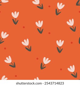 Tulips and  dots on orange background , seamless pattern. Vector illustration for wallpaper, scrapbooking, wrapping paper.