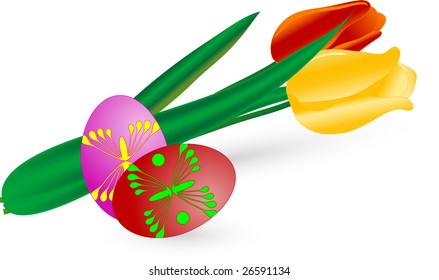 Tulips and Easter eggs - vector illustration