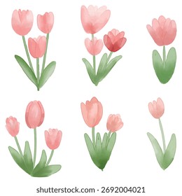 Conjunto de elementos de tulipanes. dibuje a mano acuarela pintada aislada sobre fondo blanco. para diseño como tarjeta, Fondo de pantalla y textil. 