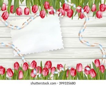 Tulips with an empty card note on wooden background. EPS 10 vector file included