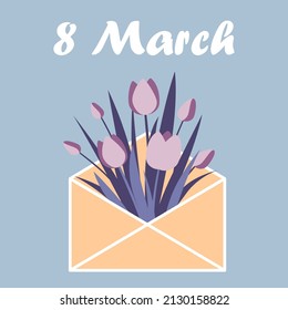 Tulipanes en un sobre. ilustración vectorial de la marcha 8 de la tarjeta postal