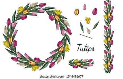 Tulips Festive.Yellow, pink, red spring delicate flowers. A wreath of colorful tulips. Seamless pattern brush. Easter holiday decor set. March 8. Set of isolated elements on a white background.Vector.