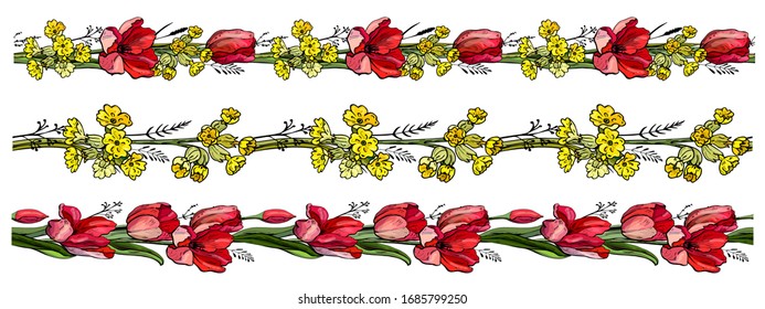 Tulips Festive.Yellow  and red spring delicate flowers.. Seamless pattern brush. 