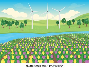 Tulips field flat color vector illustration. Beautiful countryside with big windmills. Peaceful place to live with rivere 2D cartoon landscape with forest with blooming trees on background