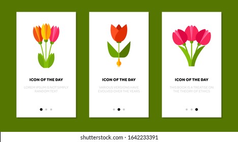 Tulips flat icon set. Bunch, red flowers, blossom, leaf isolated sign pack. Woman day, spring, blooming concept. Vector illustration symbol elements for web design