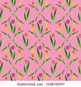 Tulips floral seamless pattern on pink background. Perfect for textile, wallpaper, fabrics and backgrounds.