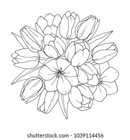 Tulips - Flower  bouquet. Vector coloring book for adult – Flower bouquet. Coloring book page. Hand-drawn illustration for coloring. All elements are isolated and editable.