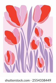 Tulips flower framed Minimal Art Print Hand drawn leaves shapes matisse style, naive art, contemporary background. plant vector illustration