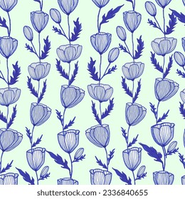 Tulips flower, hand drawn blue ink spring floral background seamless pattern for textile, blue flower on light grren background 