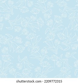Tulip's flower light blue seamless pattern for textile design. Spring floral background 