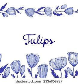 Tulip's flower seamless boarder for banner or invitation card. Vector illustration blue ink hand drawn line art spring flower 