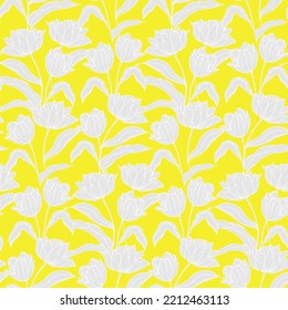 Tulip's flower seamless pattern for textile design. Spring floral yellow background 