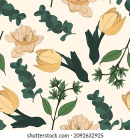 Flores de tulipanes con ramas de eucalipto. Patrón sin foco con flores vintage. Fondo de color beige floral.