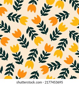 Tulips flowers in flat style hand drawn vector illustration. Cute vintage floral ornament seamless pattern for fabric or wallpaper.