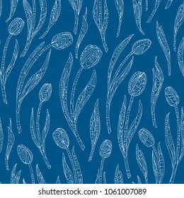 Tulips flowers hand drawn pattern. Floral seamless vector background. Abstract nature texture for wallpaper, wrapping paper, textile design, surface, fabric.