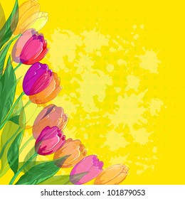 Tulips flowers and leafs on abstract yellow background. Vector eps10, contains transparencies
