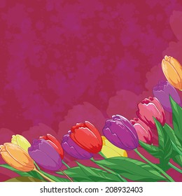 Tulips flowers and leafs on abstract background with blots. Vector eps10, contains transparencies