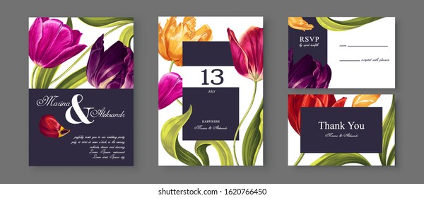 Tulips flowers, leaves and petals wedding save the date, Invitation floral cards collection realistic hand drawn vector botanical elements.Trendy cover, graphic poster, retro brochure, design template