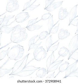 Tulips - flowers and leaves. Vector line drawing. Wallpaper.