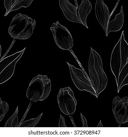 Tulips - flowers and leaves. Vector line drawing. Wallpaper.