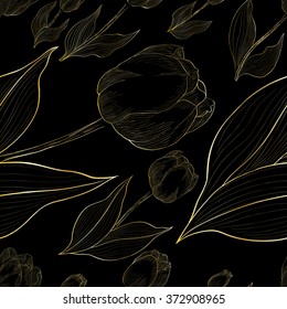 Tulips - flowers and leaves. Vector line drawing. Wallpaper.Seamless pattern.  Wallpaper. Use printed materials, signs, posters, postcards, packaging.