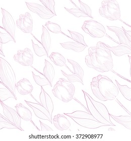 Tulips - flowers and leaves. Vector line drawing. Wallpaper.