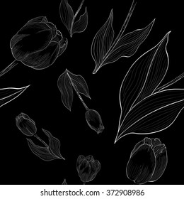 Tulips - flowers and leaves. Vector line drawing. Wallpaper.